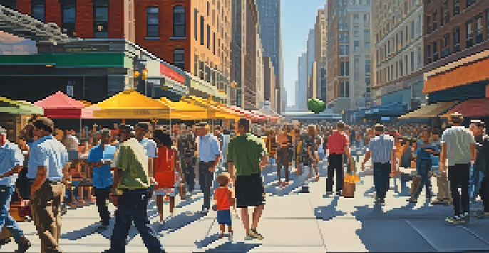 A busy street in New York City with diverse pedestrians, vendors, and tall buildings under bright sunlight.