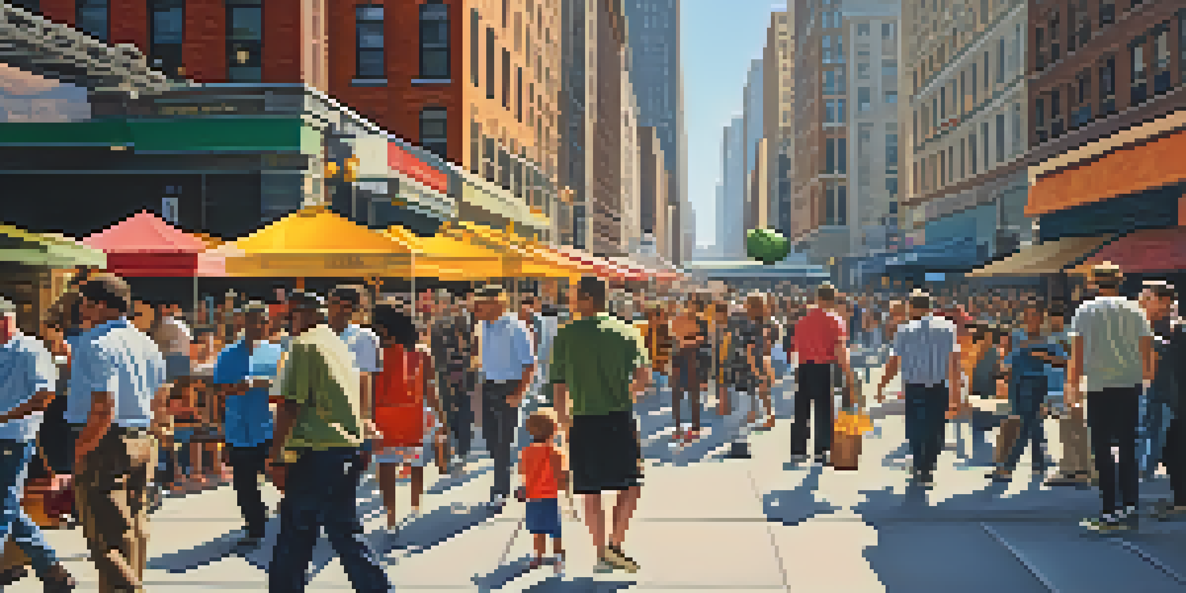 A busy street in New York City with diverse pedestrians, vendors, and tall buildings under bright sunlight.