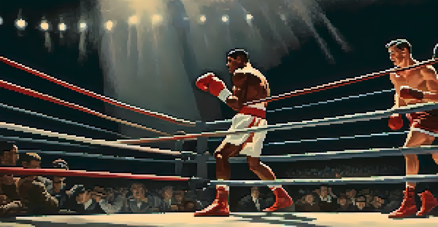 A boxing match in the 1930s, showing two fighters in action with an engaged audience in the background, all in vintage attire.
