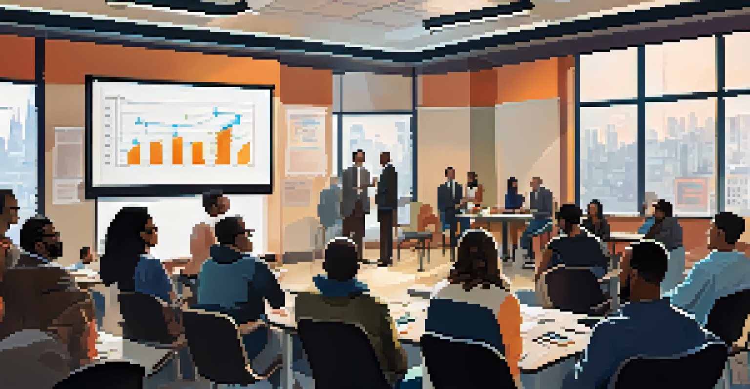 A community meeting in New York City focused on cybersecurity, with a diverse group of people discussing and reviewing information on charts and graphs.