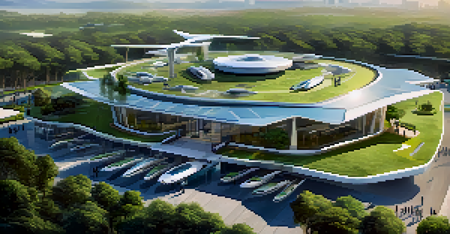 A modern vertiport in a city, featuring eVTOL aircraft and people waiting to board, surrounded by greenery.