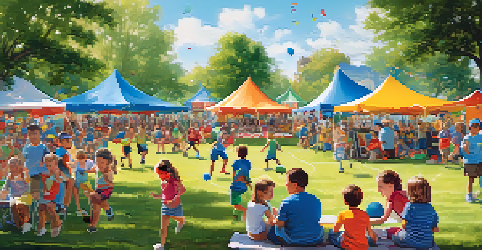 Families and children enjoying a community sports day event in a lively city park.