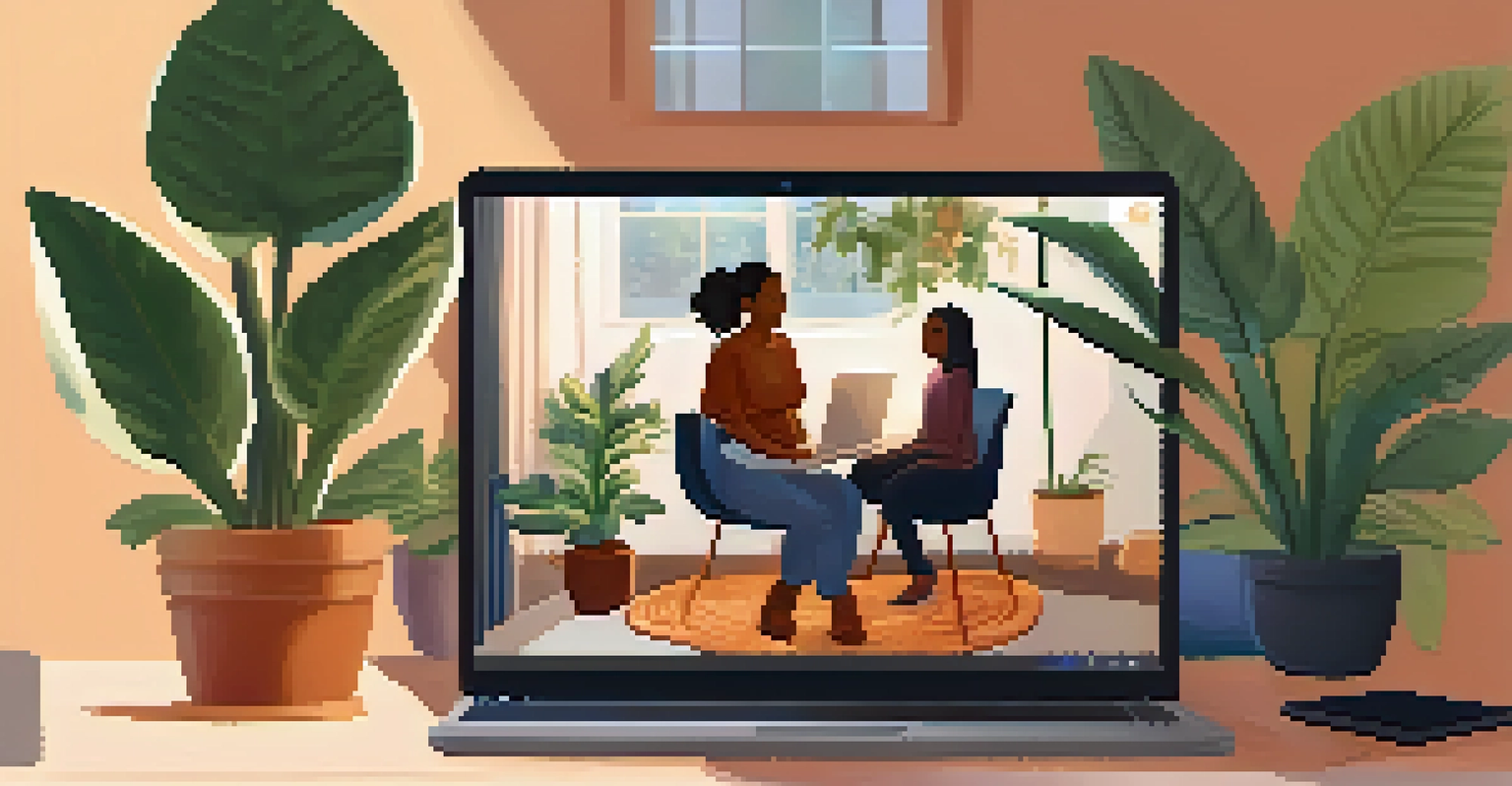 A virtual therapy session between a diverse therapist and client, set in a cozy home environment with warm lighting.