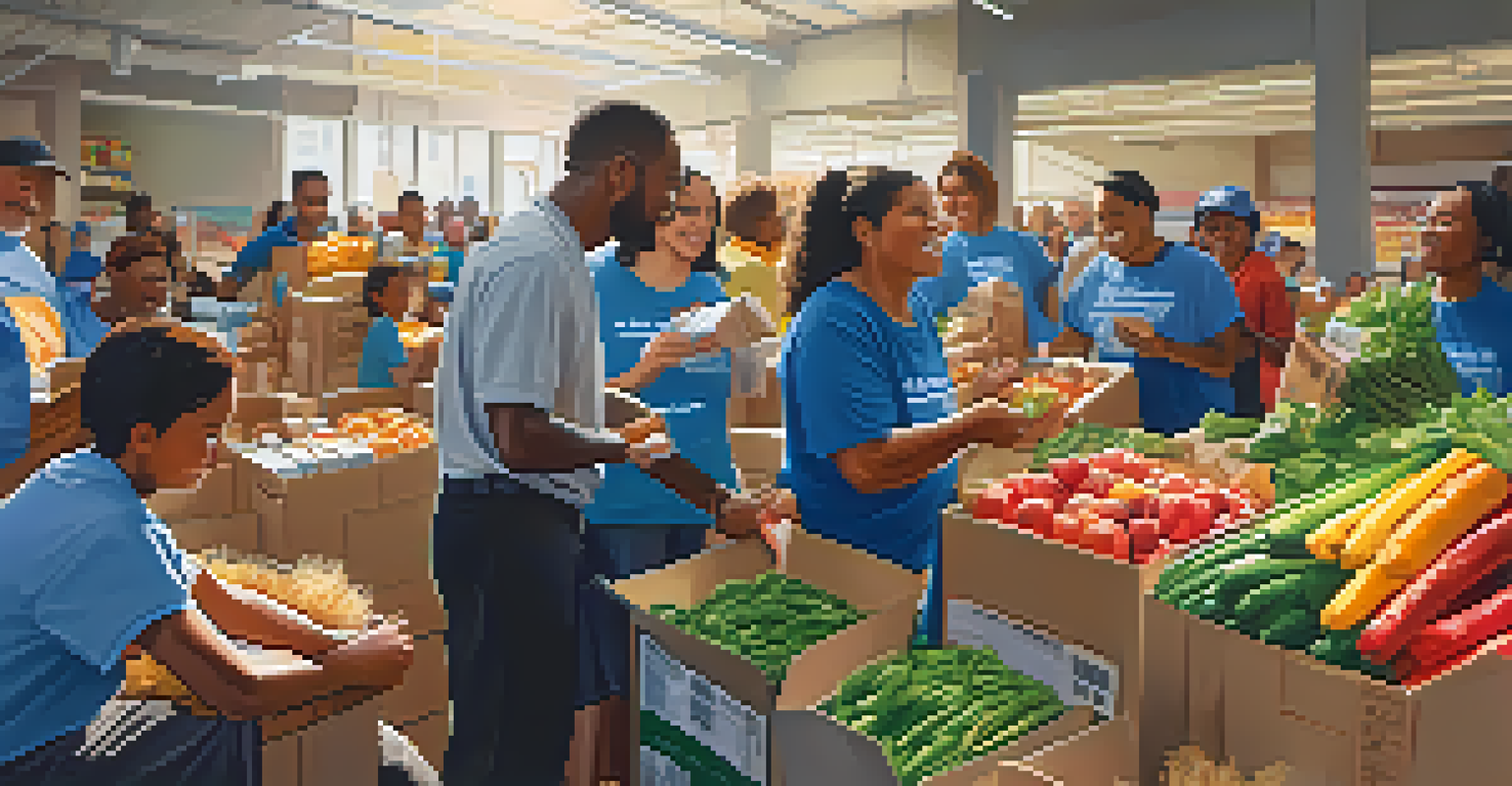 Close-up of a food bank in NYC, showing volunteers distributing food to families, highlighting gratitude and community support.