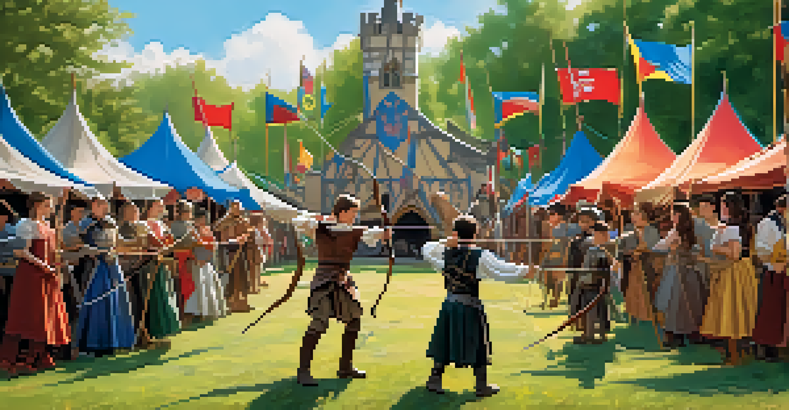 Children learning archery at the New York Renaissance Faire with a skilled archer guiding them, surrounded by colorful tents.