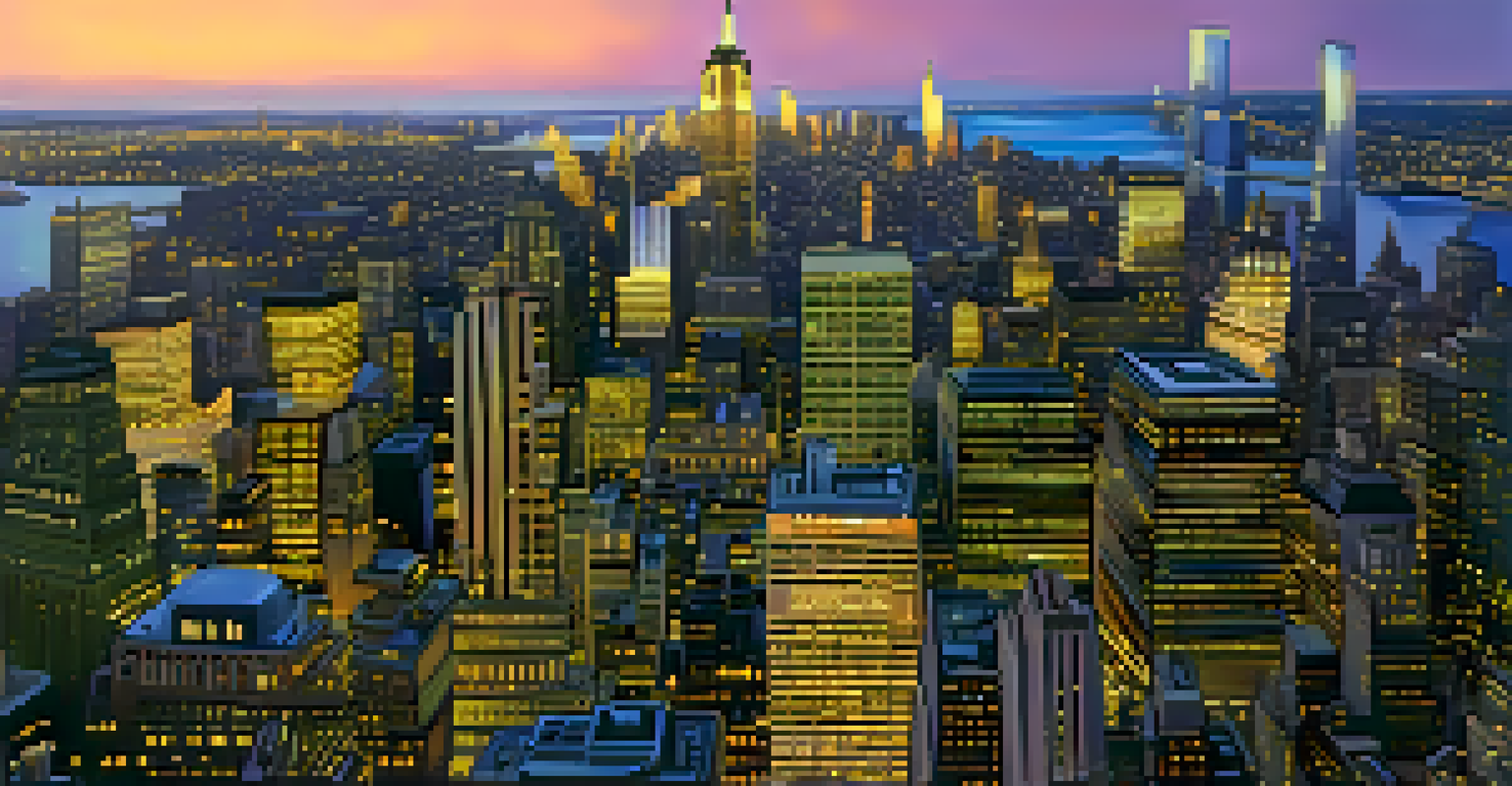 An aerial view of New York City's financial district at dusk, featuring illuminated skyscrapers and busy streets filled with taxis.