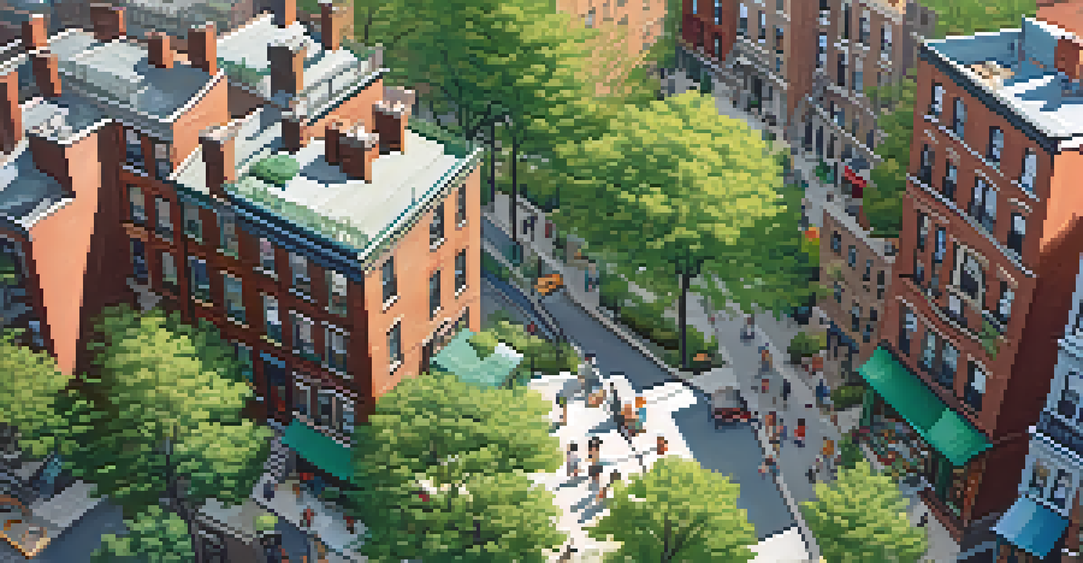 Aerial view of a New York City neighborhood with brownstones and apartments, featuring parks and people enjoying the outdoors.