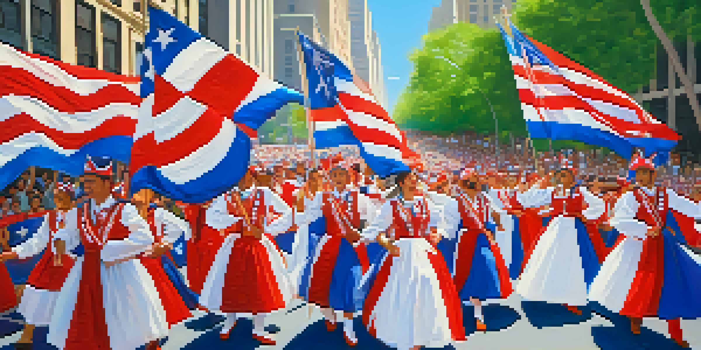 A lively Puerto Rican Day Parade in NYC with colorful costumes and flags, filled with dancing participants and cheering spectators under bright sunlight.