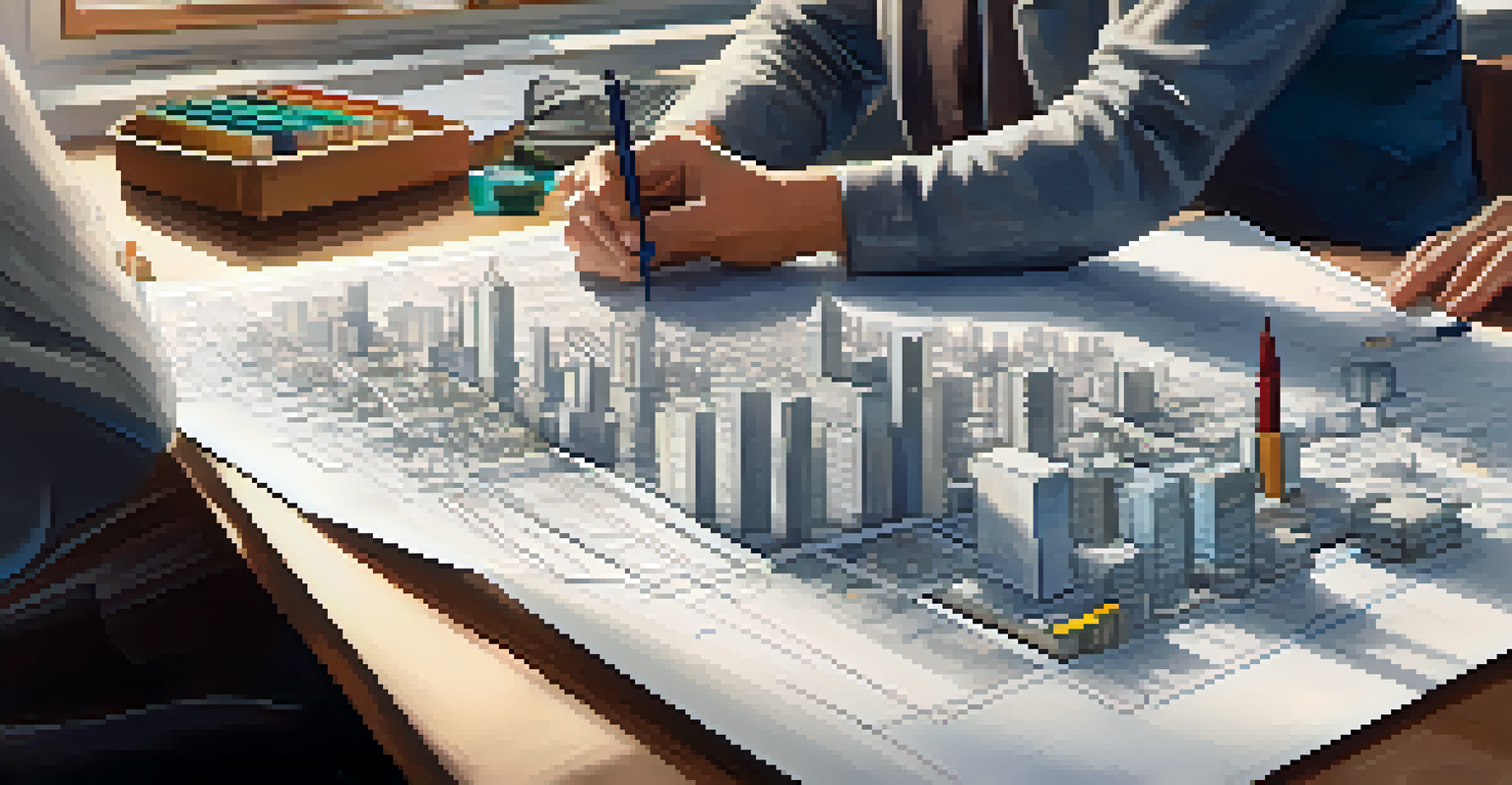 A city planner sketching an urban layout on paper, surrounded by architectural tools and a view of the city outside.