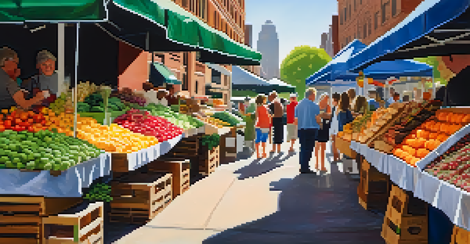 A vibrant farmer's market in New York City with fresh produce and people shopping.