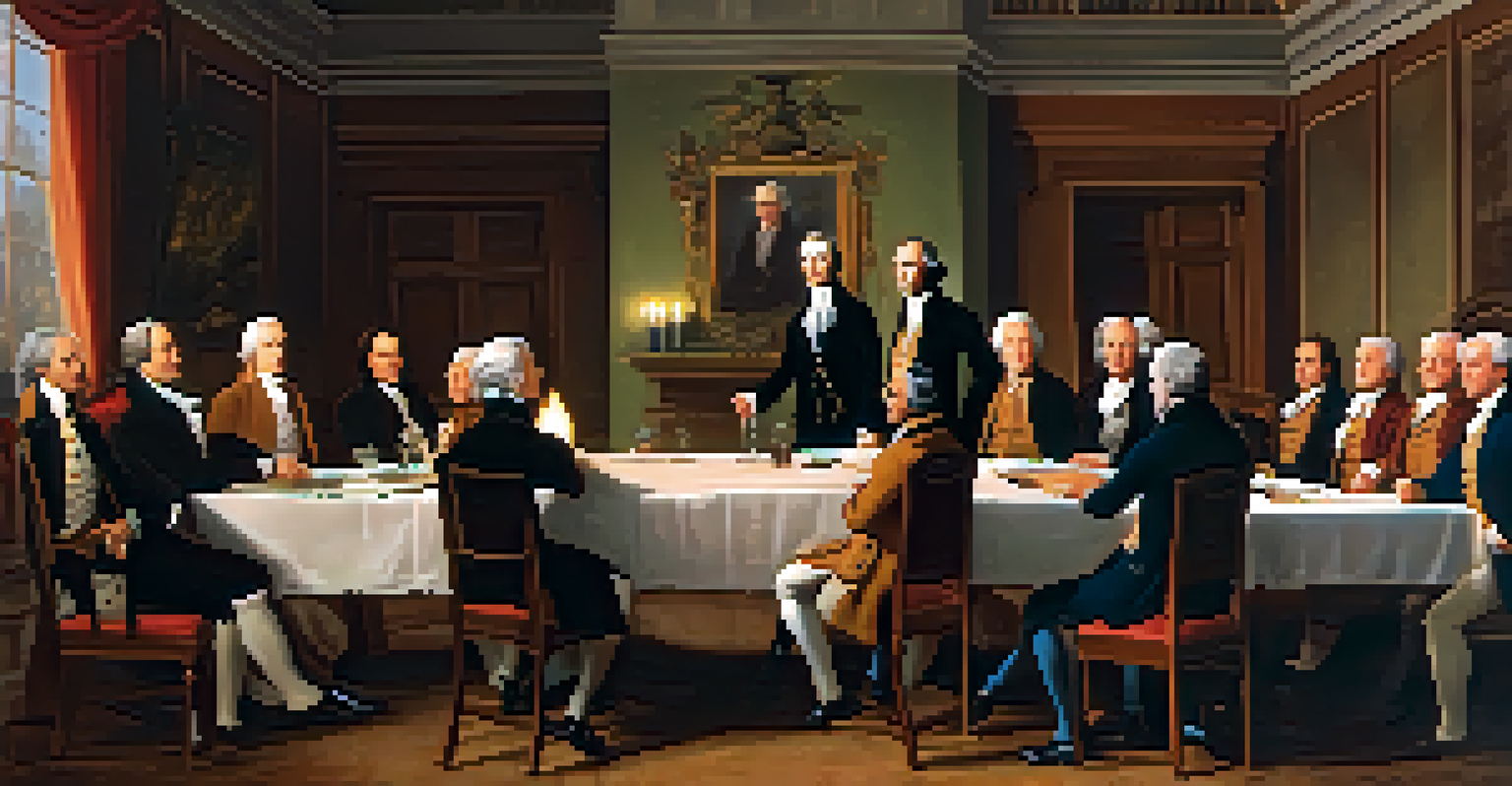 A 1790s government meeting with Alexander Hamilton discussing his vision, surrounded by historical figures in a richly decorated room.