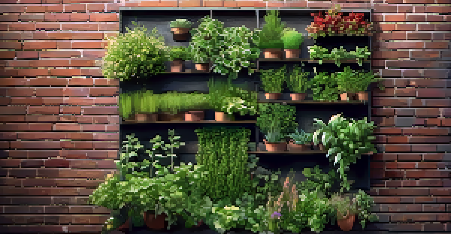 A detailed close-up of a vertical garden on a brick wall, featuring vibrant herbs and flowers with natural light highlighting their textures.