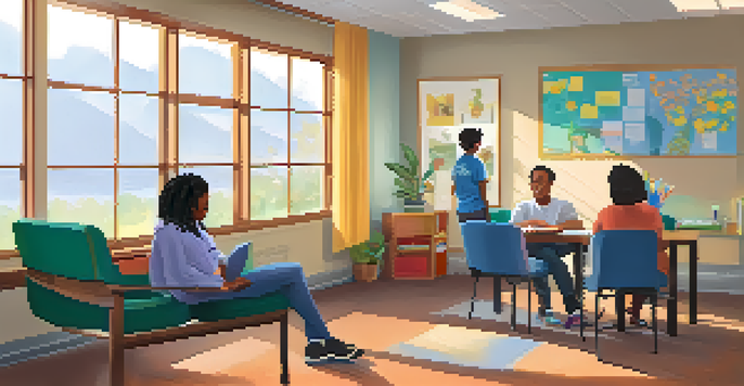 A cozy school counseling office with a counselor and student in a friendly discussion, surrounded by bright colors and mental health resources.