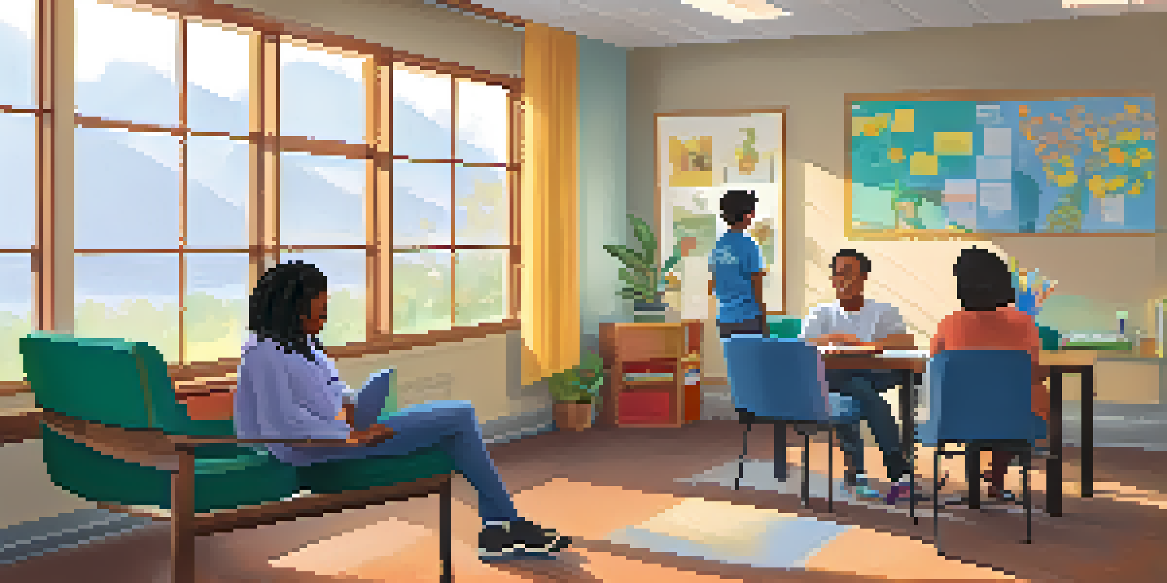 A cozy school counseling office with a counselor and student in a friendly discussion, surrounded by bright colors and mental health resources.