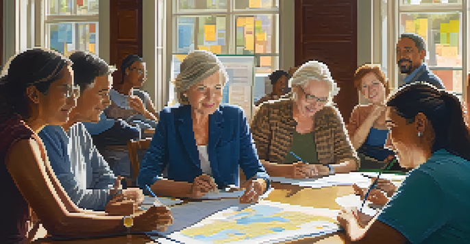A diverse group of people engaged in a local town hall meeting, discussing community issues around a table with maps and charts.