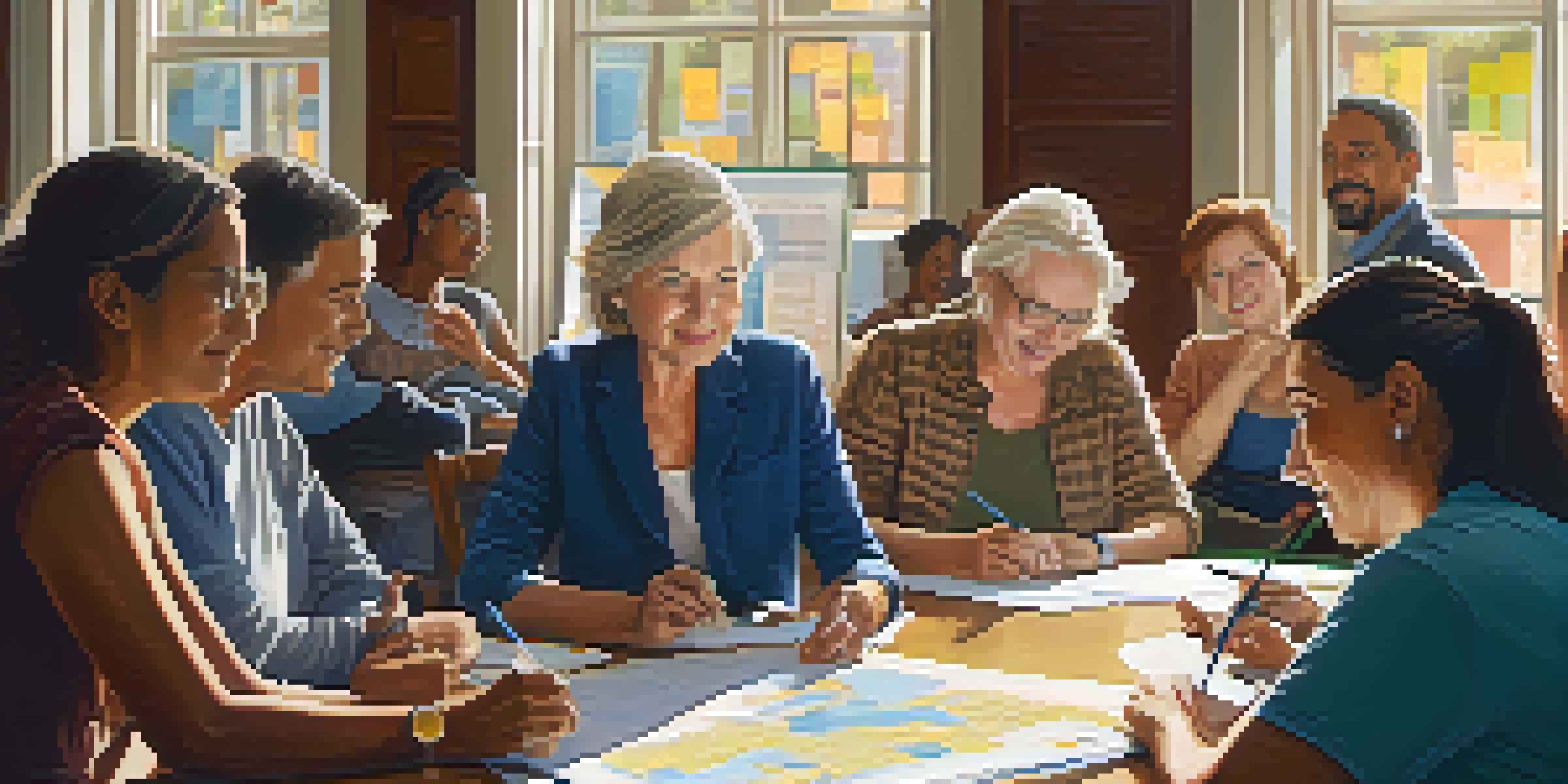 A diverse group of people engaged in a local town hall meeting, discussing community issues around a table with maps and charts.