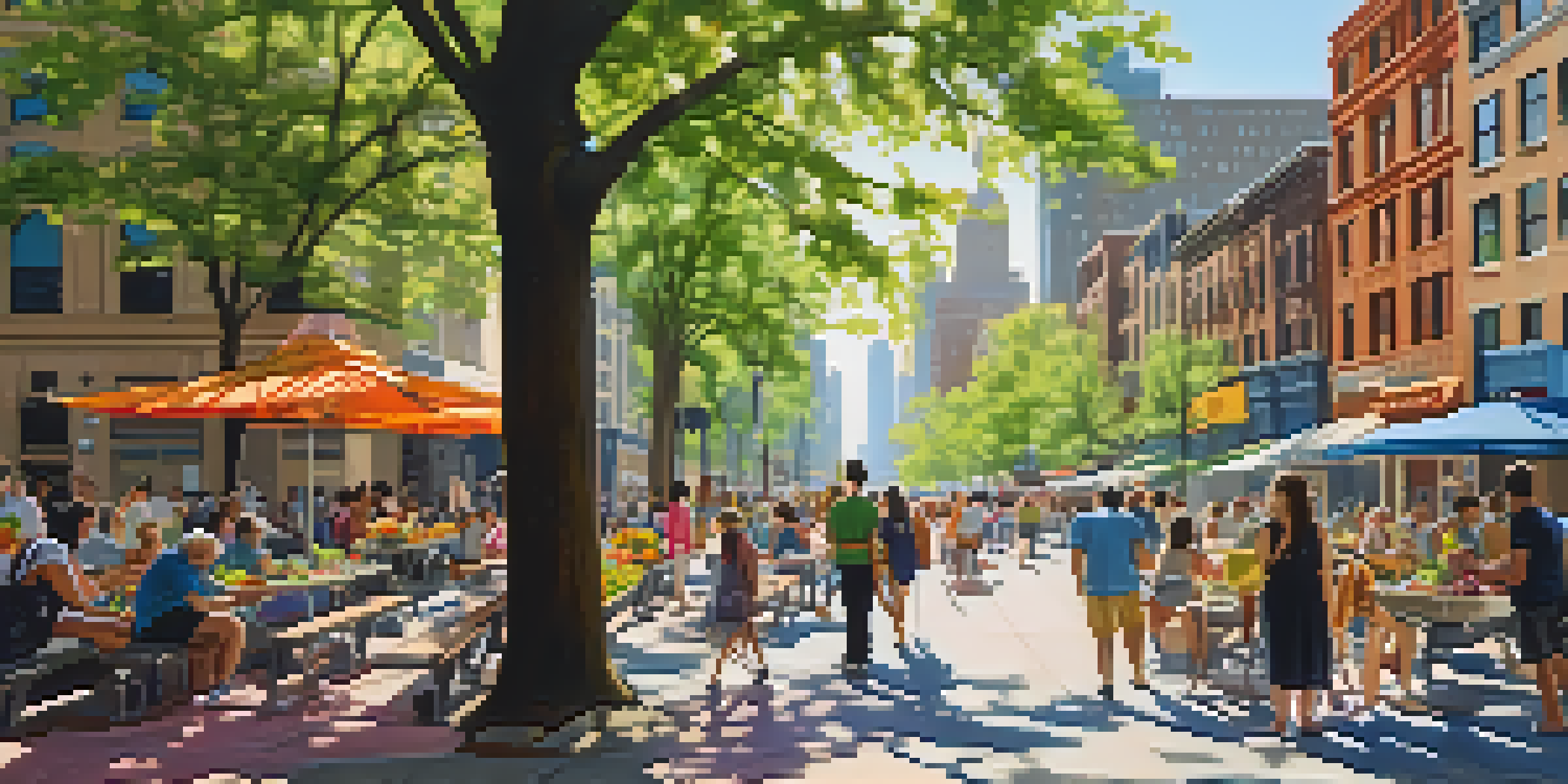 A lively New York City street with pedestrians enjoying a park, children playing, and artists painting, under bright sunlight with tall buildings in the background.