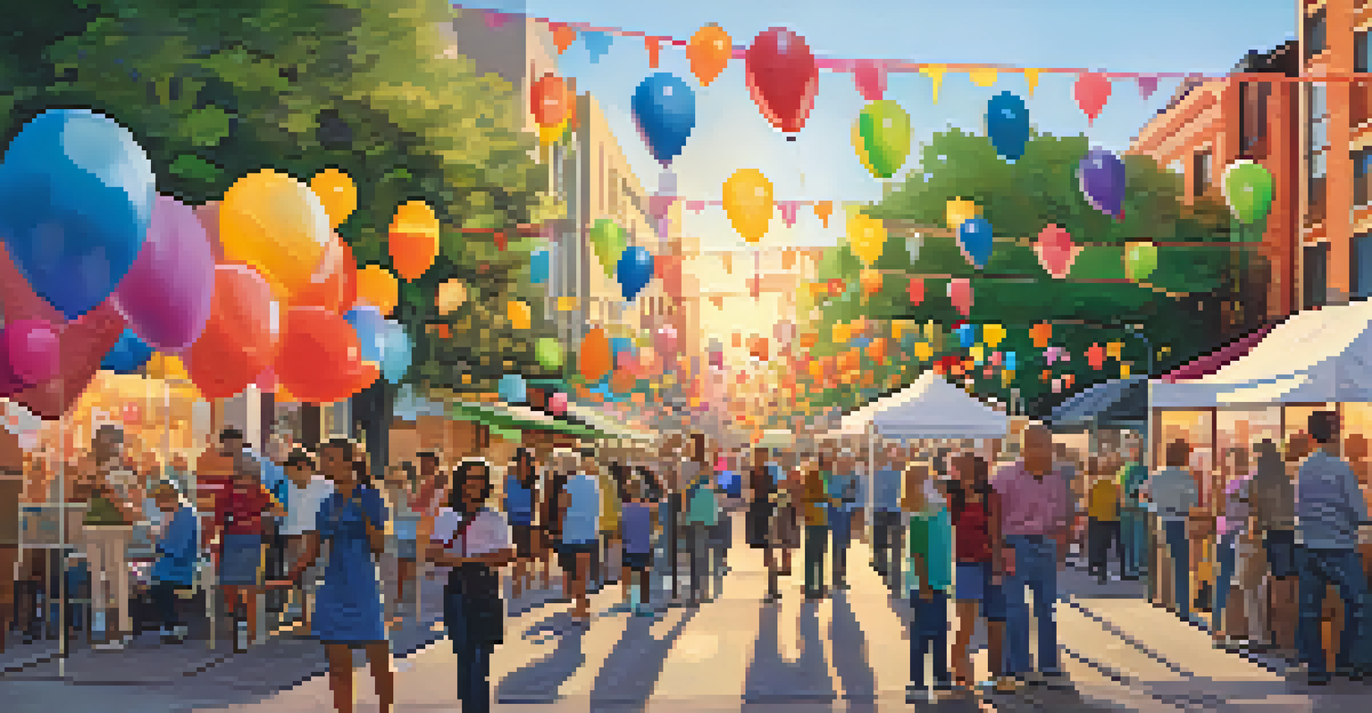A lively community art walk with interactive installations, balloons, and people engaging in a joyful atmosphere.