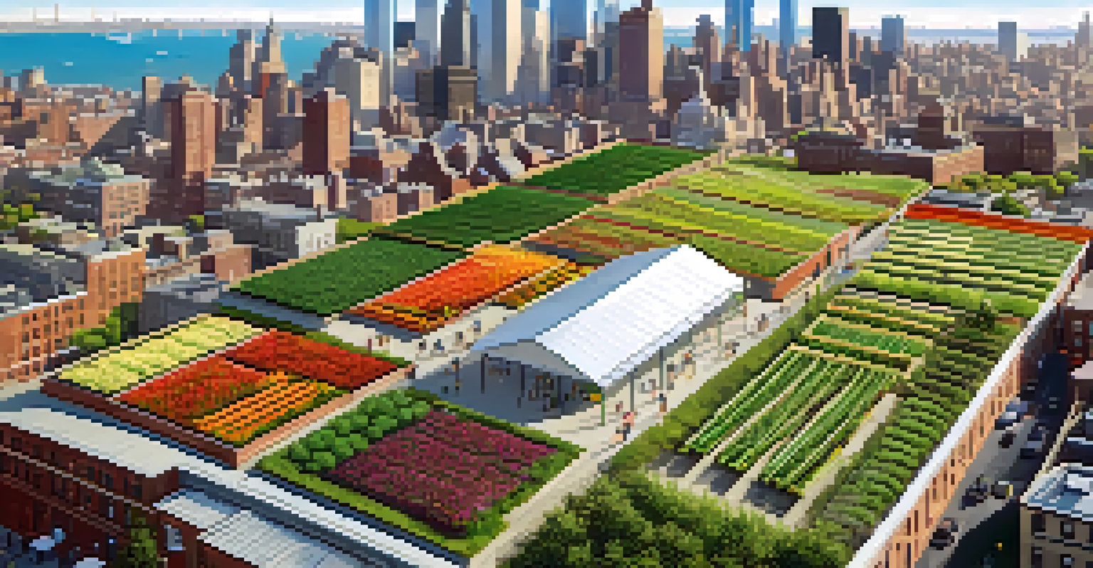 An aerial view of a rooftop farm in Brooklyn with rows of vegetables and bees, showcasing the lush greenery against the city skyline.