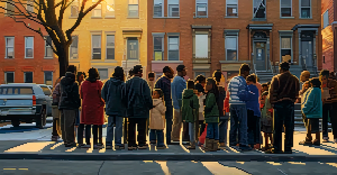 A diverse group of low-income families on a New York City street, appearing concerned with eviction notices in hand, in front of a dilapidated apartment building.