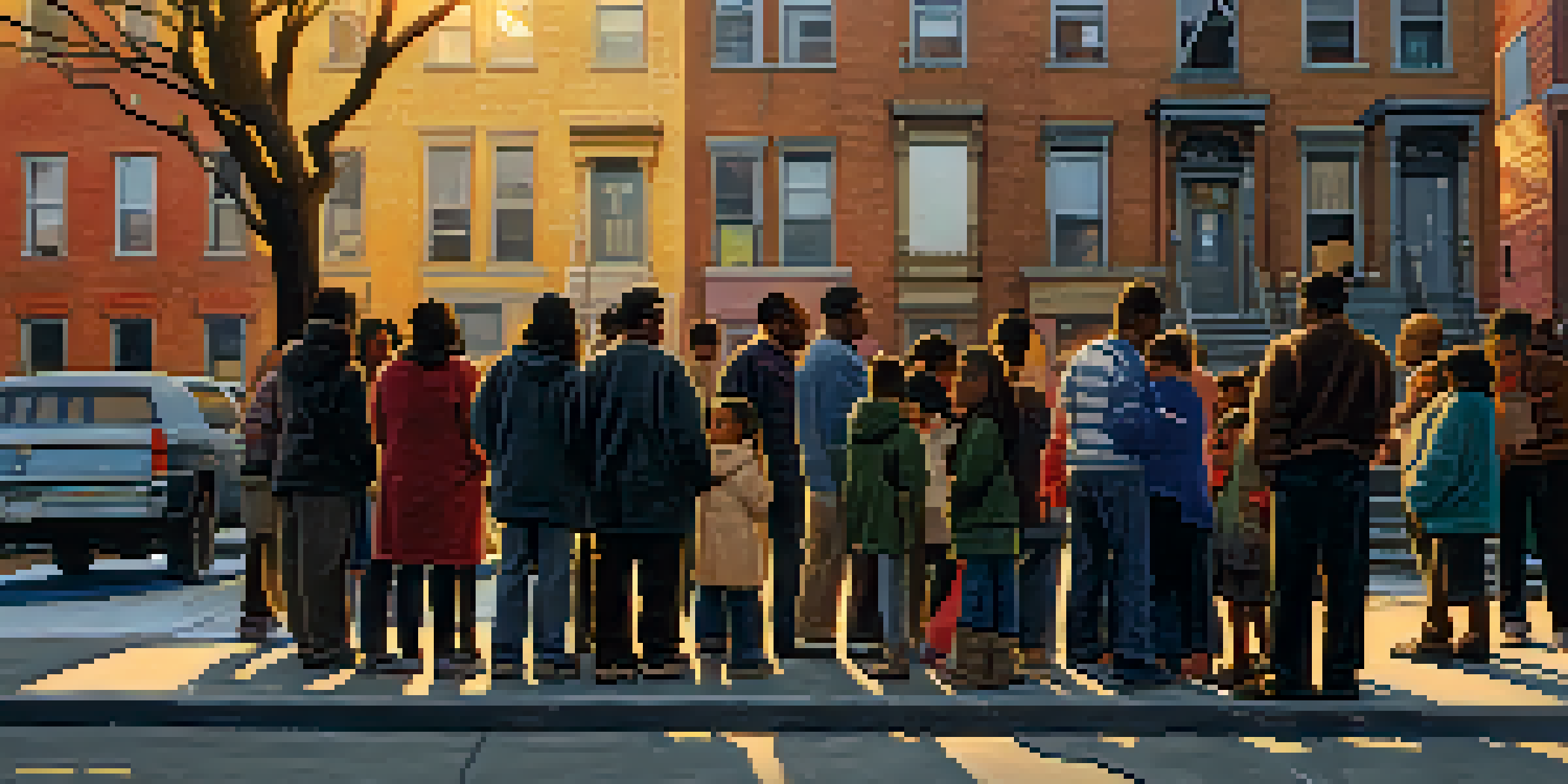 A diverse group of low-income families on a New York City street, appearing concerned with eviction notices in hand, in front of a dilapidated apartment building.