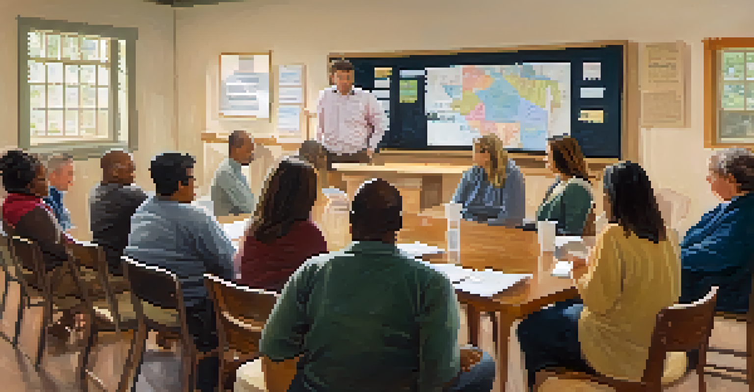 A community meeting with residents discussing issues, a whiteboard with notes, and local news articles on the walls, all in a warm-lit room.