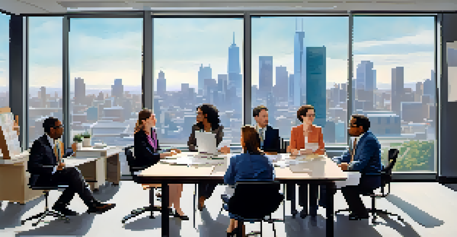 A meeting between nonprofit workers and local government officials discussing housing strategies in a modern office with a city skyline view.