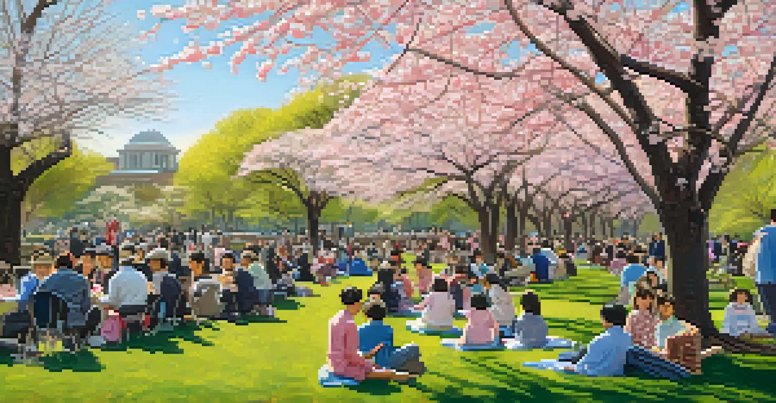 A vibrant spring scene at the Brooklyn Botanic Garden with cherry blossoms, families enjoying the festival, and a clear blue sky.