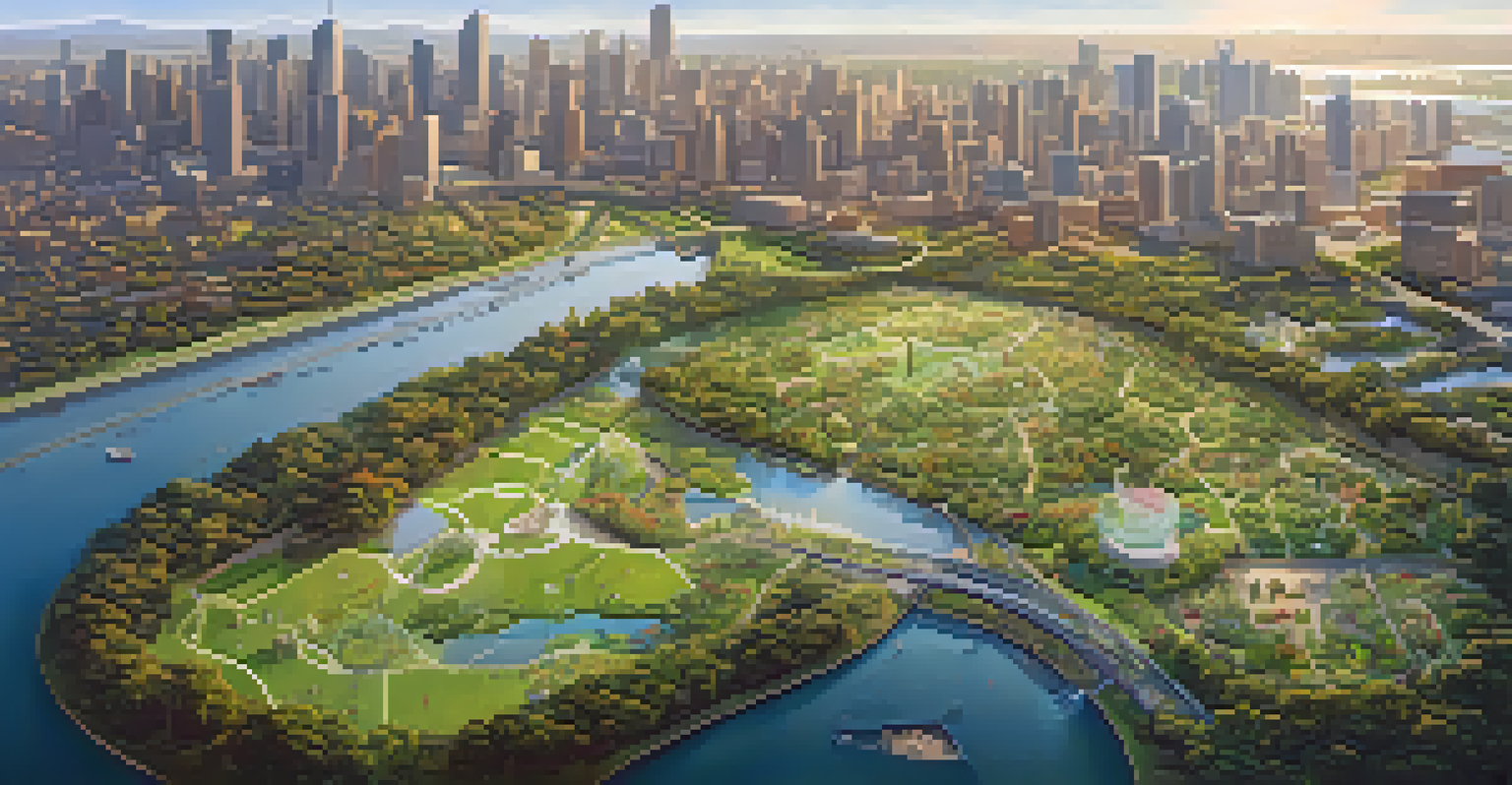 Aerial view of a city with green spaces and wildlife corridors connecting urban parks.