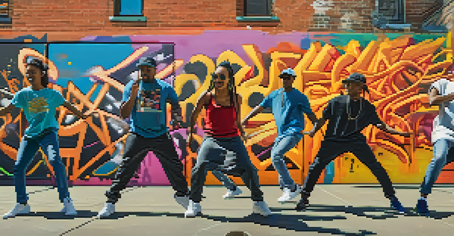A hip-hop performance in the Bronx with dancers in front of a colorful graffiti wall under bright sunlight.
