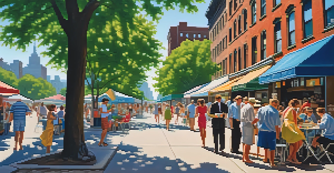 A busy NYC street in the summer with people enjoying the shade, trees, and a bright blue sky.