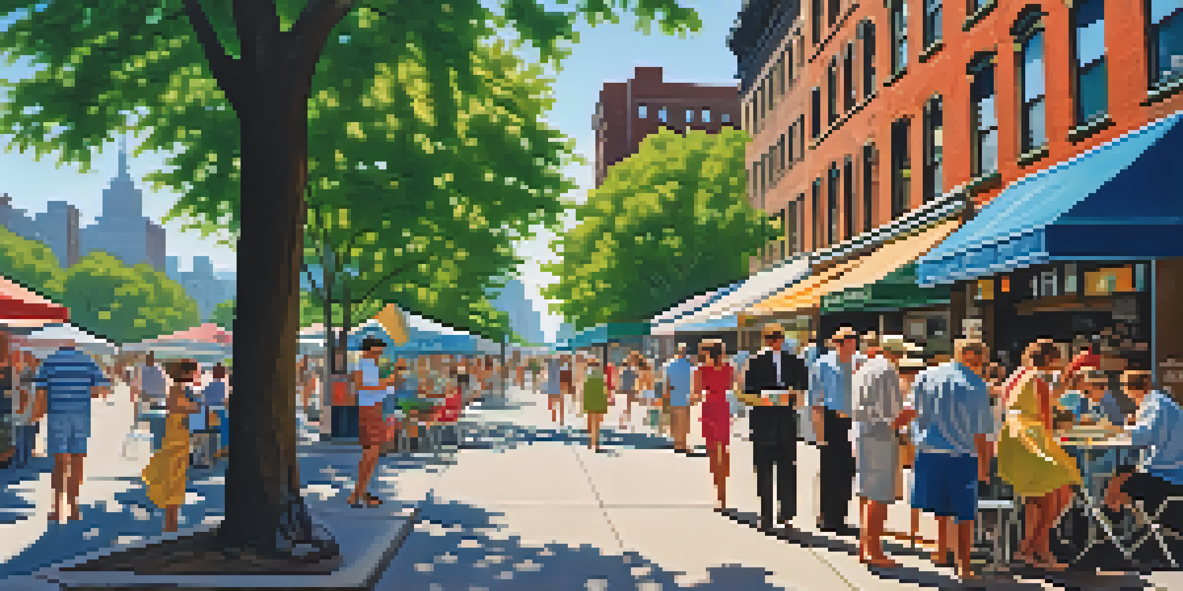 A busy NYC street in the summer with people enjoying the shade, trees, and a bright blue sky.