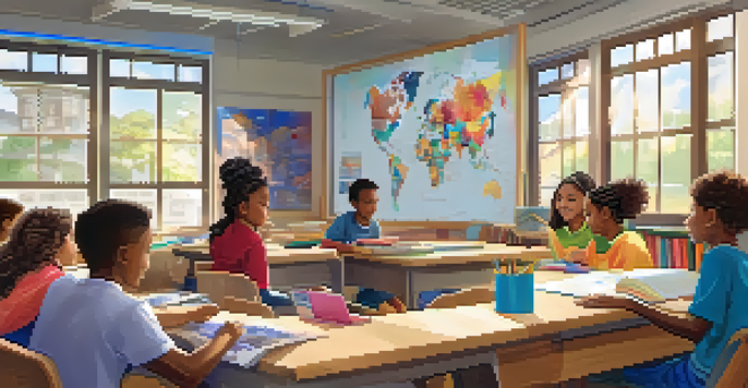 A bright and colorful classroom with diverse students collaborating on a project, surrounded by educational materials and natural light.