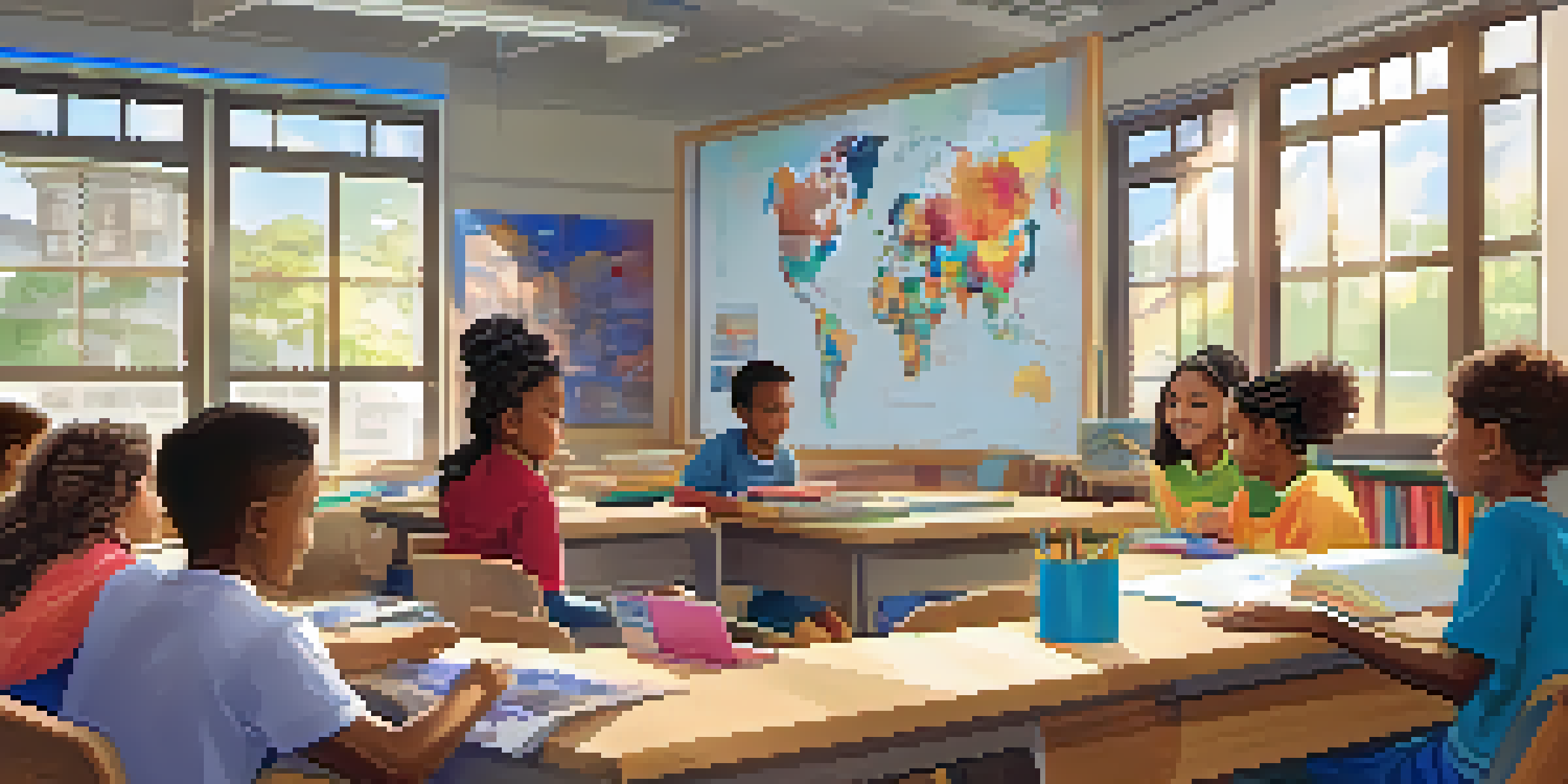 A bright and colorful classroom with diverse students collaborating on a project, surrounded by educational materials and natural light.