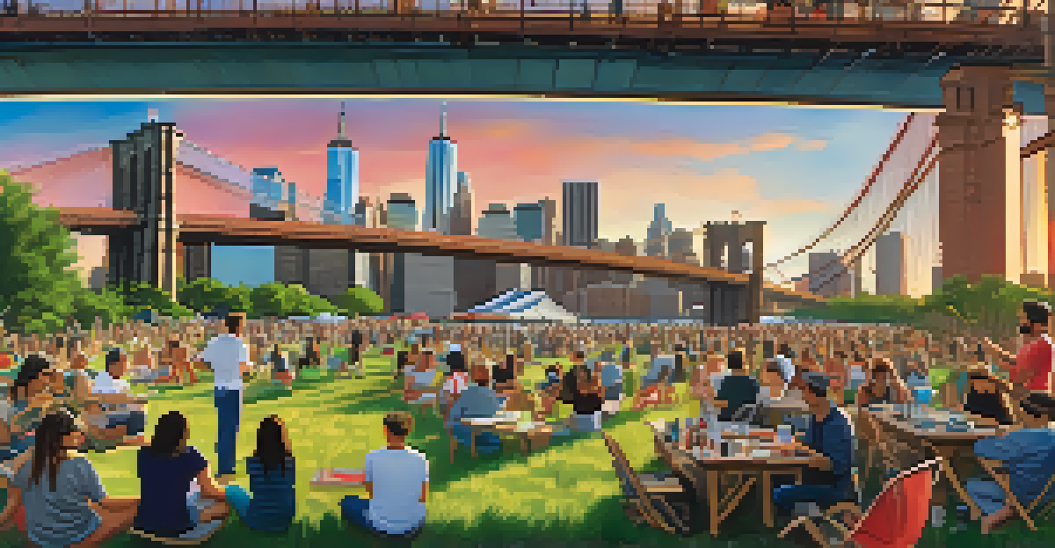 Attendees interacting with art installations at an arts festival in Brooklyn Bridge Park.