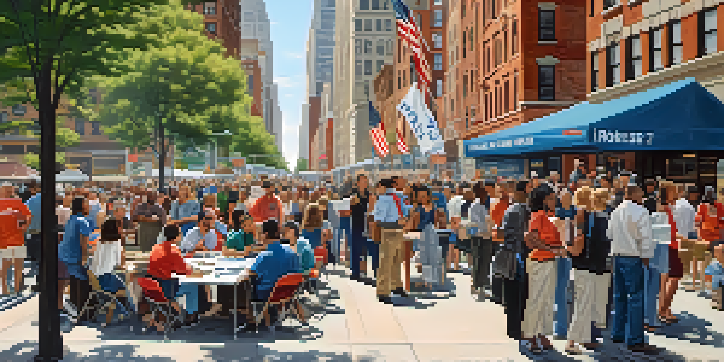 A diverse group of people attending an emergency preparedness workshop outdoors in New York City, with a large banner reading 'Ready NYC'.