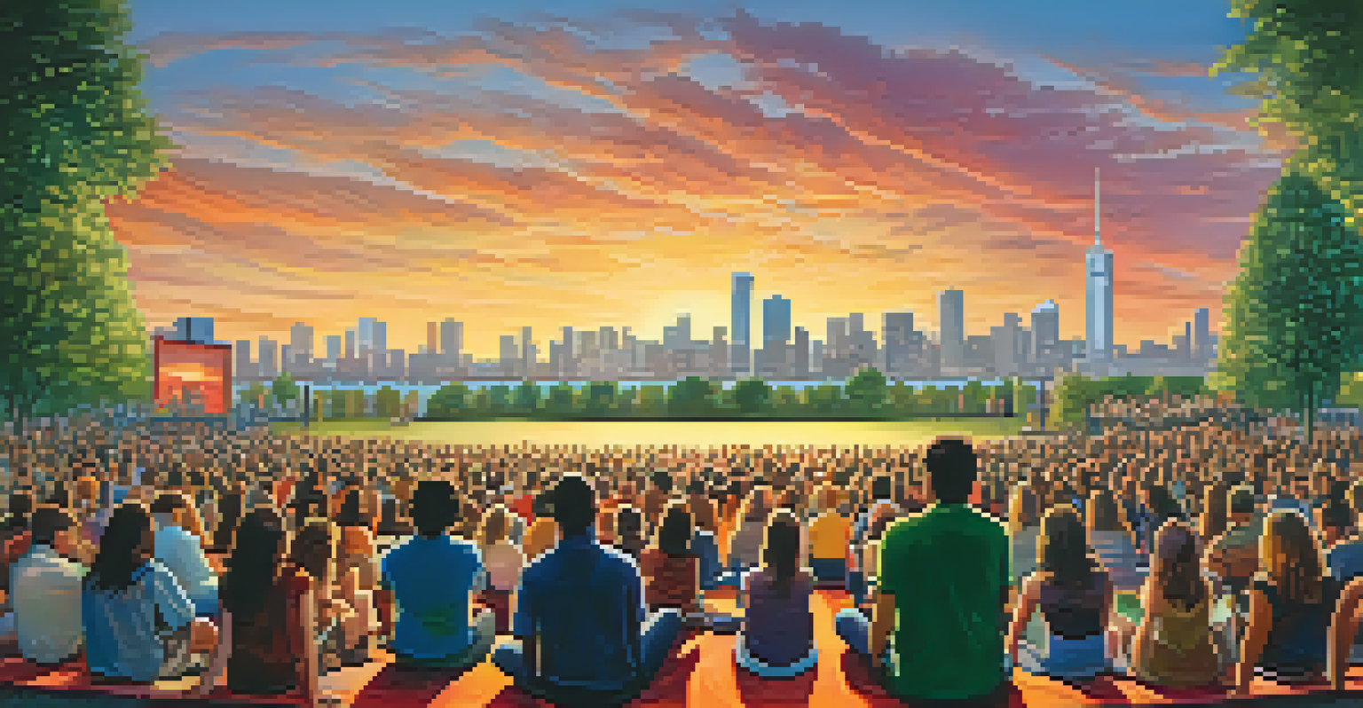 An outdoor community theater performance in a park, with an audience watching and a city skyline backdrop at sunset.
