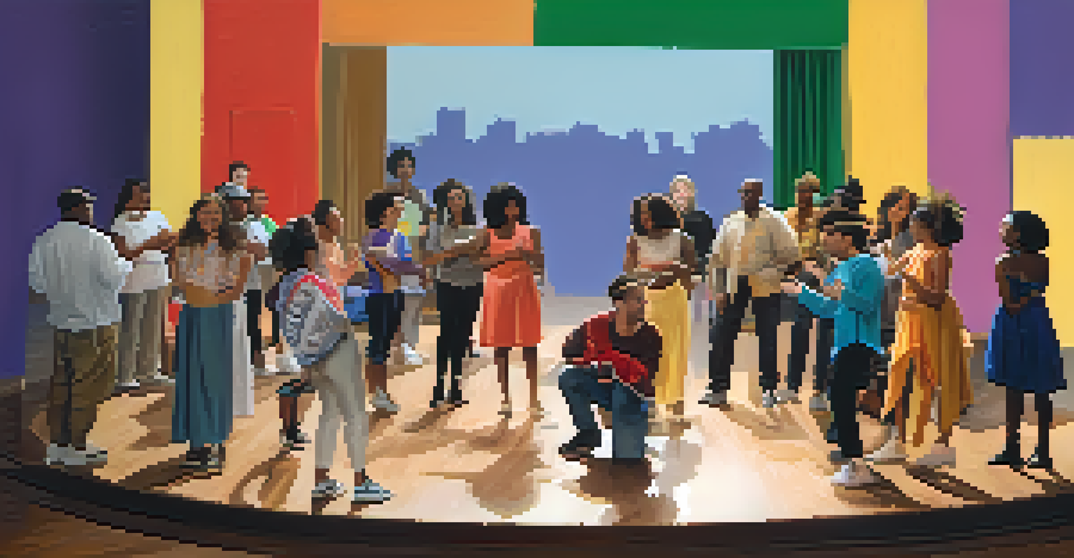 A community theater workshop with diverse individuals rehearsing together, surrounded by colorful props and costumes.