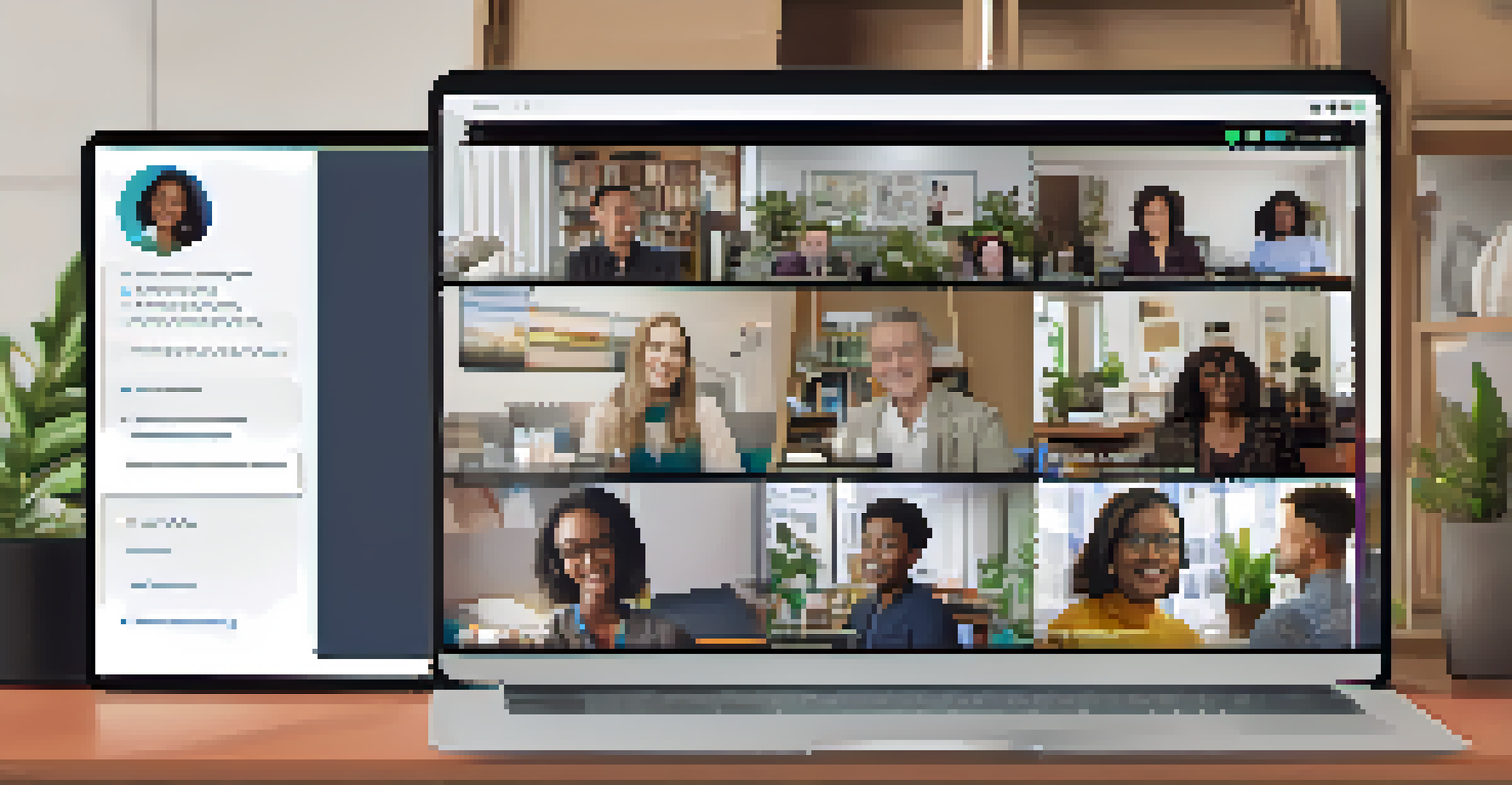 A laptop screen showing a digital town hall meeting with diverse participants discussing housing solutions.