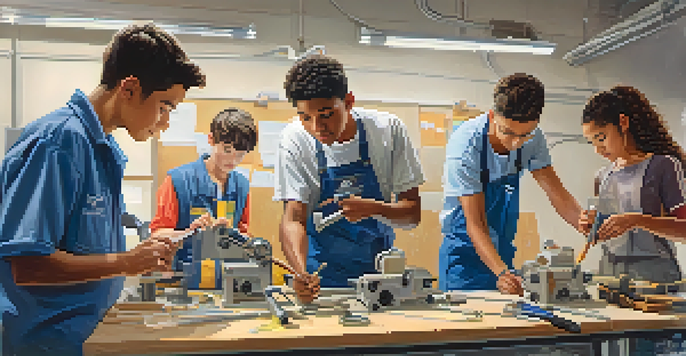 Teens engaged in a hands-on vocational training workshop with tools and an instructor in a bright classroom.