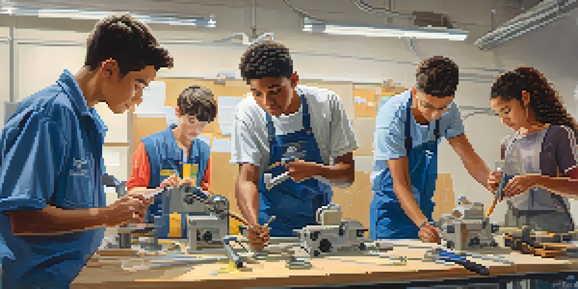 Teens engaged in a hands-on vocational training workshop with tools and an instructor in a bright classroom.