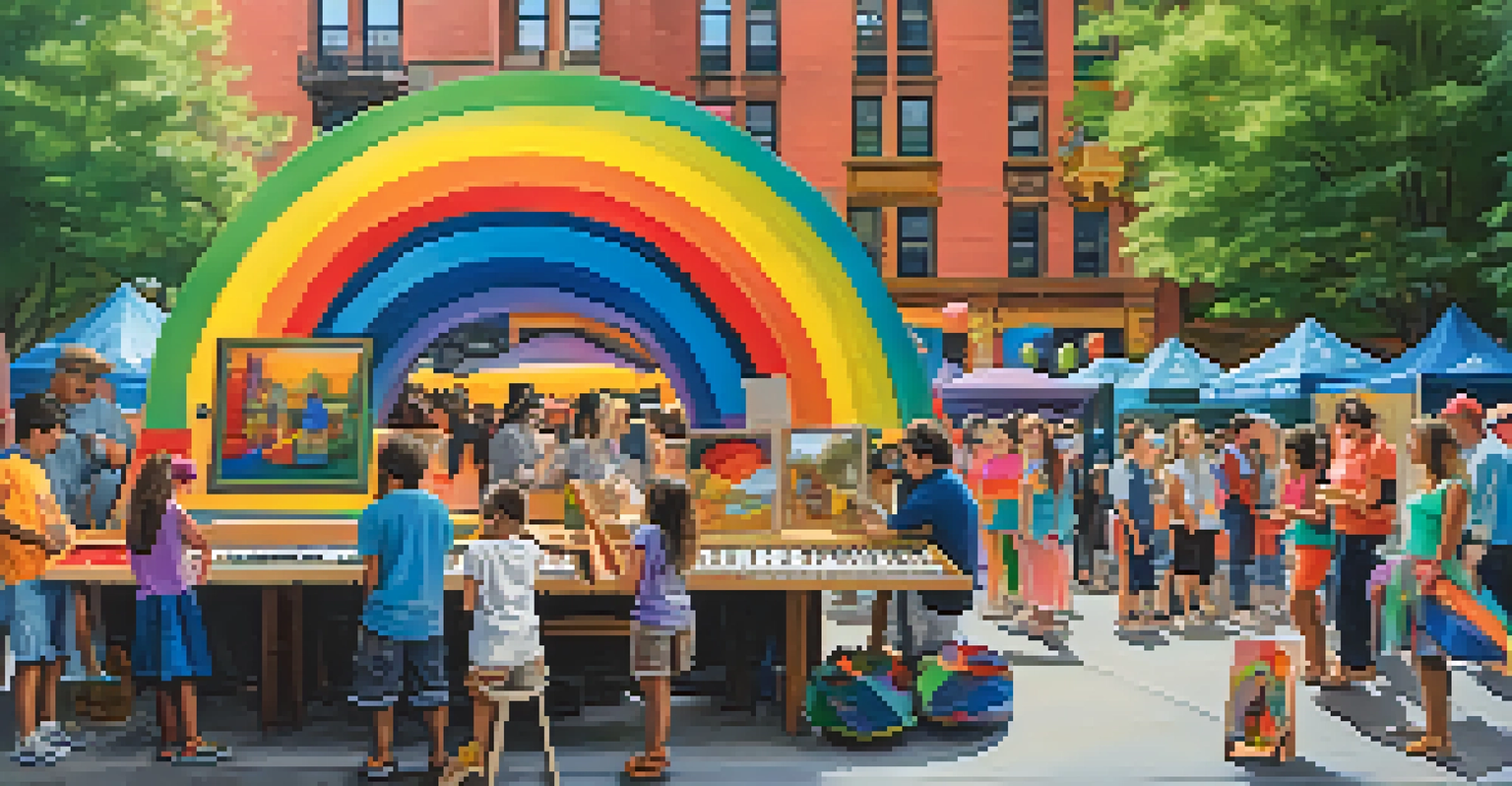 An outdoor cultural festival in New York City showcasing local artists, musicians, and families engaging in creative activities.