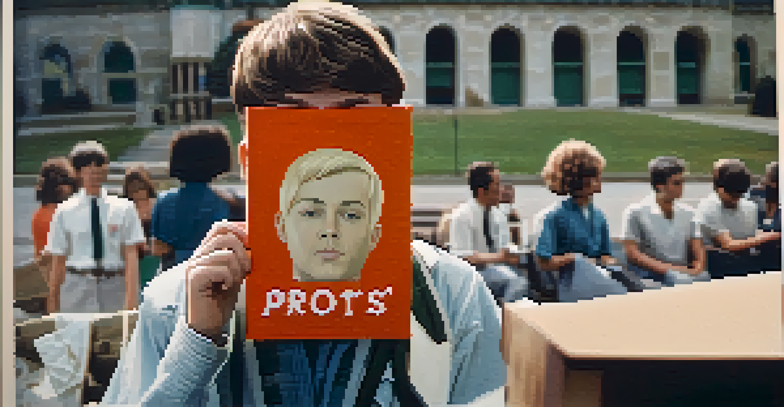 A focused young student holding a handmade protest sign during a 1960s campus demonstration.