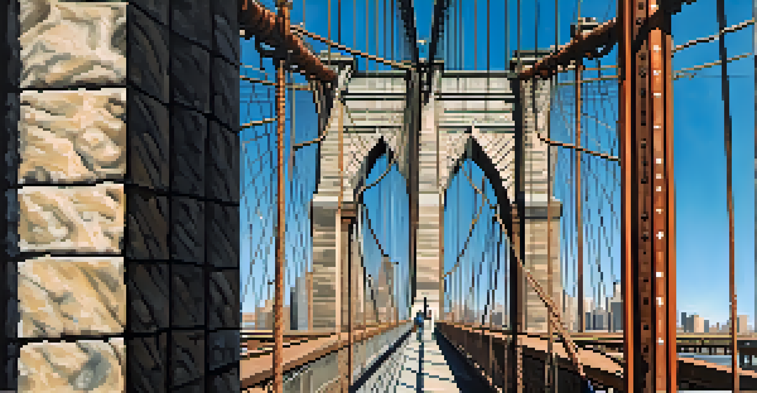 Close-up of the Brooklyn Bridge's steel cables and stone masonry against a blue sky.