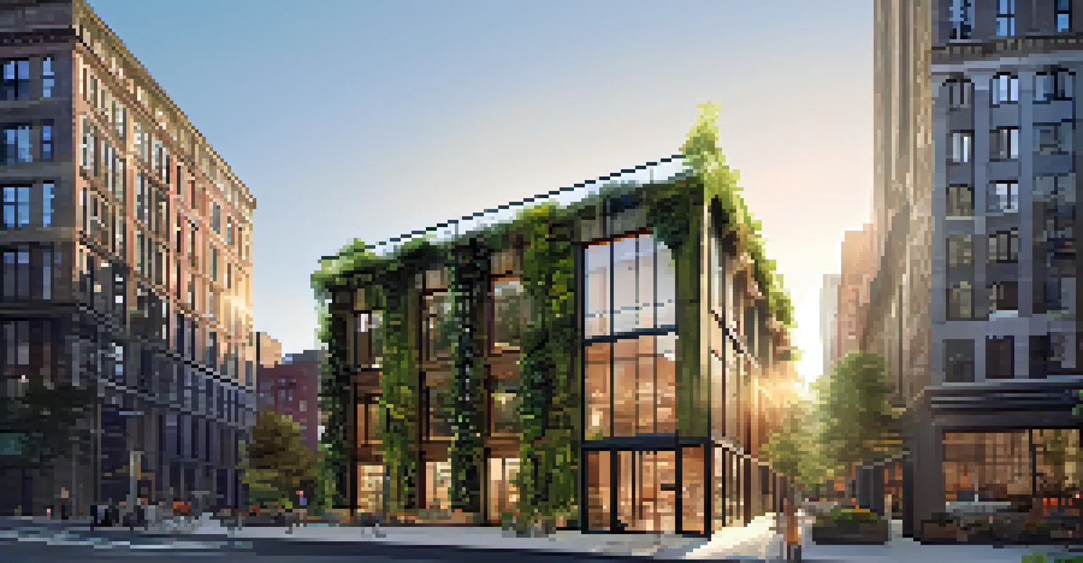 An eco-friendly building in NYC with solar panels, reclaimed wood, and vertical gardens, illuminated by warm golden hour light.