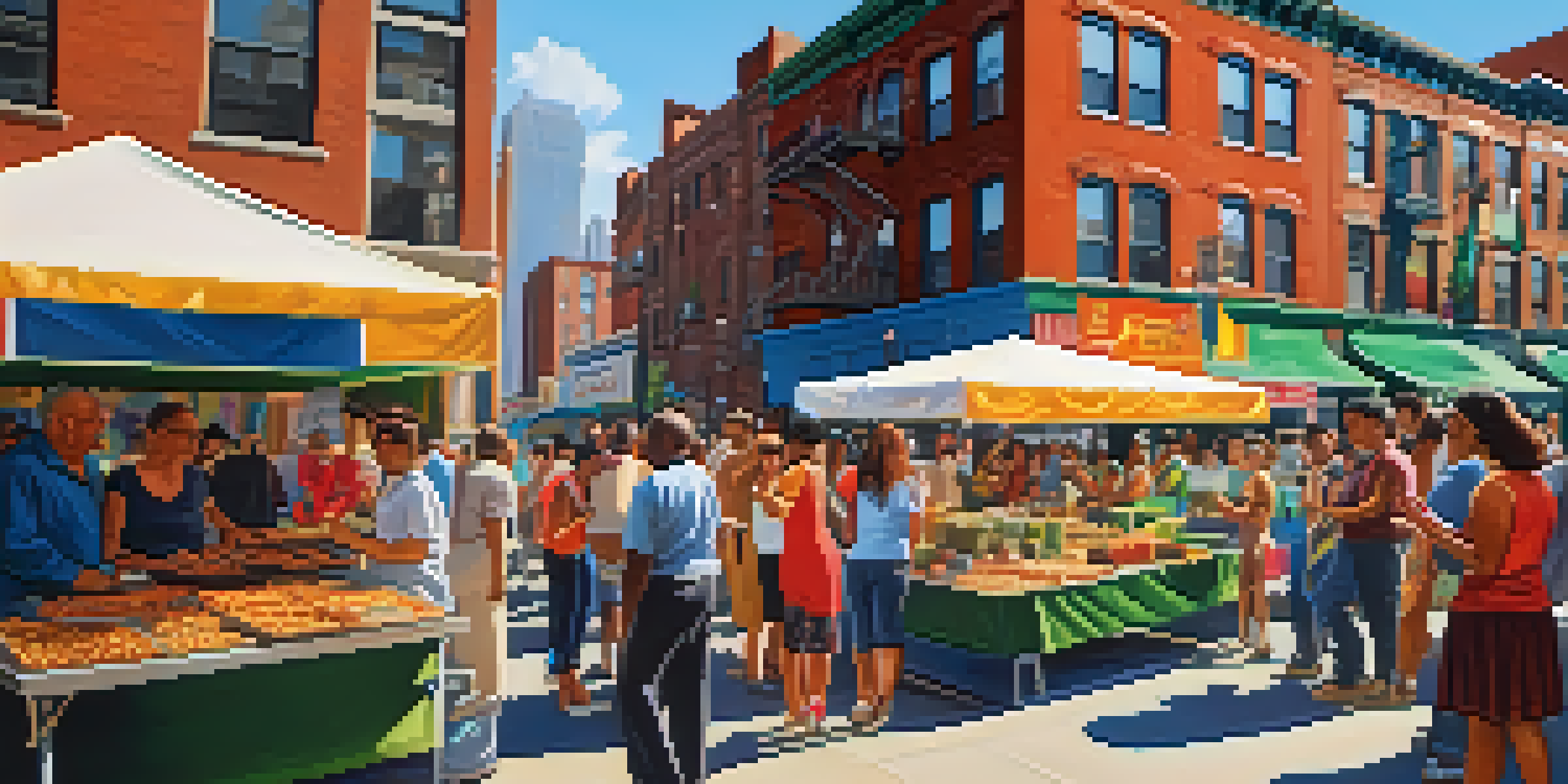 A lively street festival in New York City, featuring diverse people enjoying food and crafts against an iconic city backdrop.