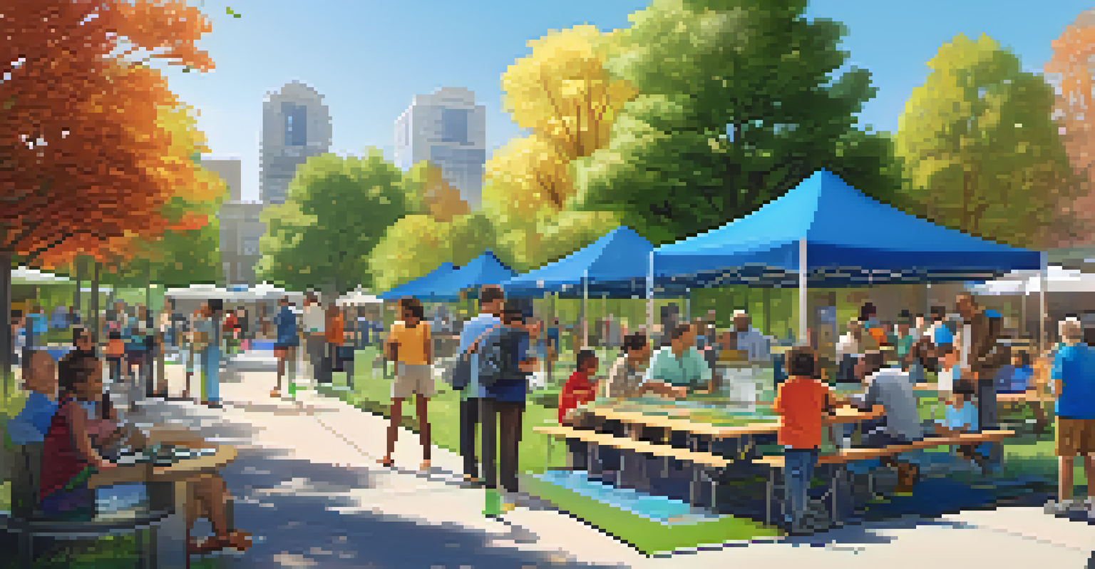 A community workshop in a park, where residents learn about energy efficiency with solar panel models.