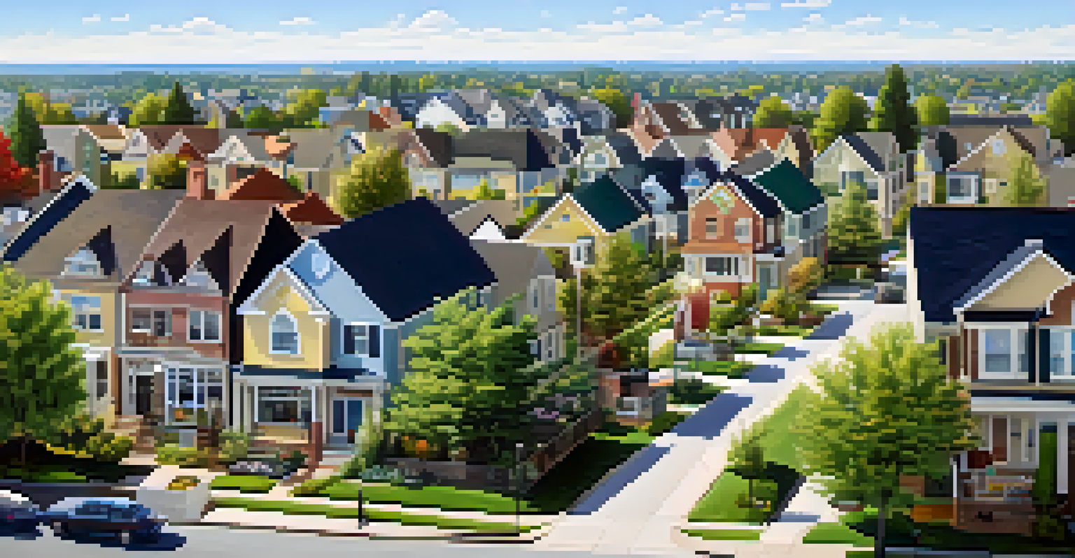 An aerial view of a lively suburban community with modern homes, green spaces, and people enjoying their day.