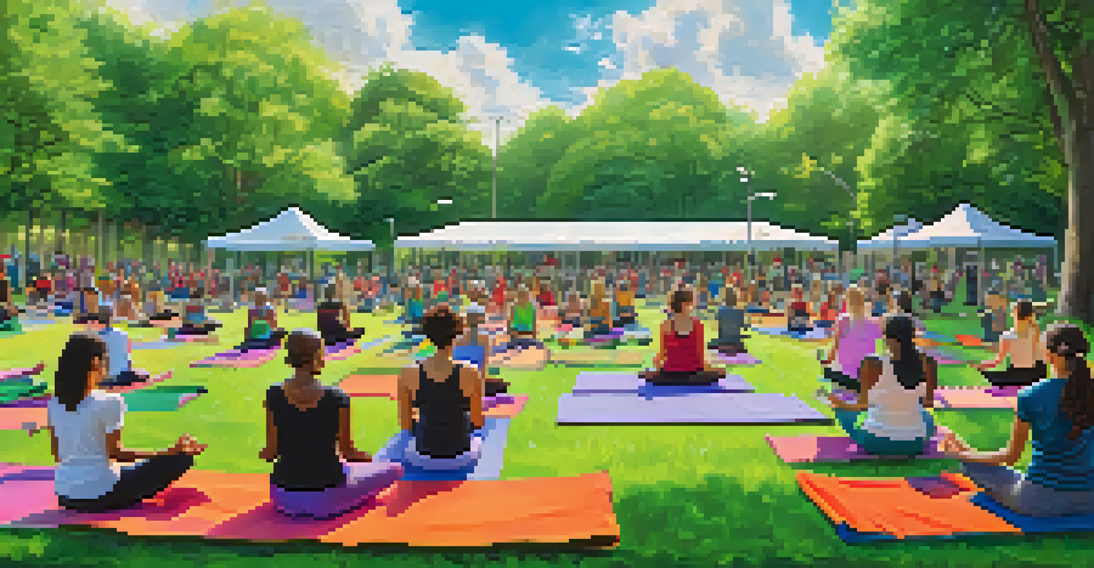 A lively community yoga class in an urban park with participants on colorful mats, surrounded by trees and a bright sky.