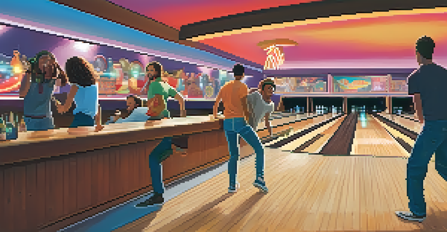 A lively bowling alley with a rock band performing, friends laughing and enjoying bowling, surrounded by colorful lights.